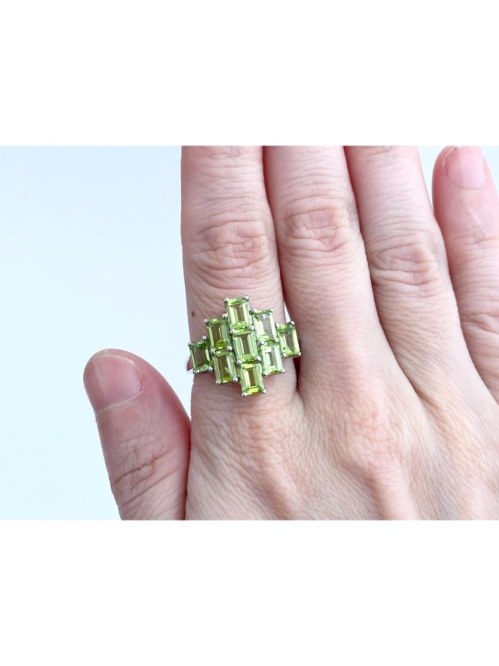 Green Peridot Emerald Cut Cluster Sterling Silver 925 Vintage Ring - sz 10 - Picture 14 of 15